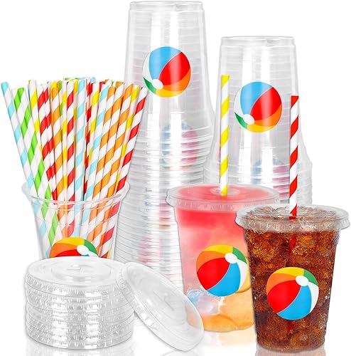 Vista 57 de Whaline 50 piezas de vasos de plástico desechables con cara feliz y pajitas con tapa de un tipo feliz 12 onzas, vasos de fiesta con cara feliz