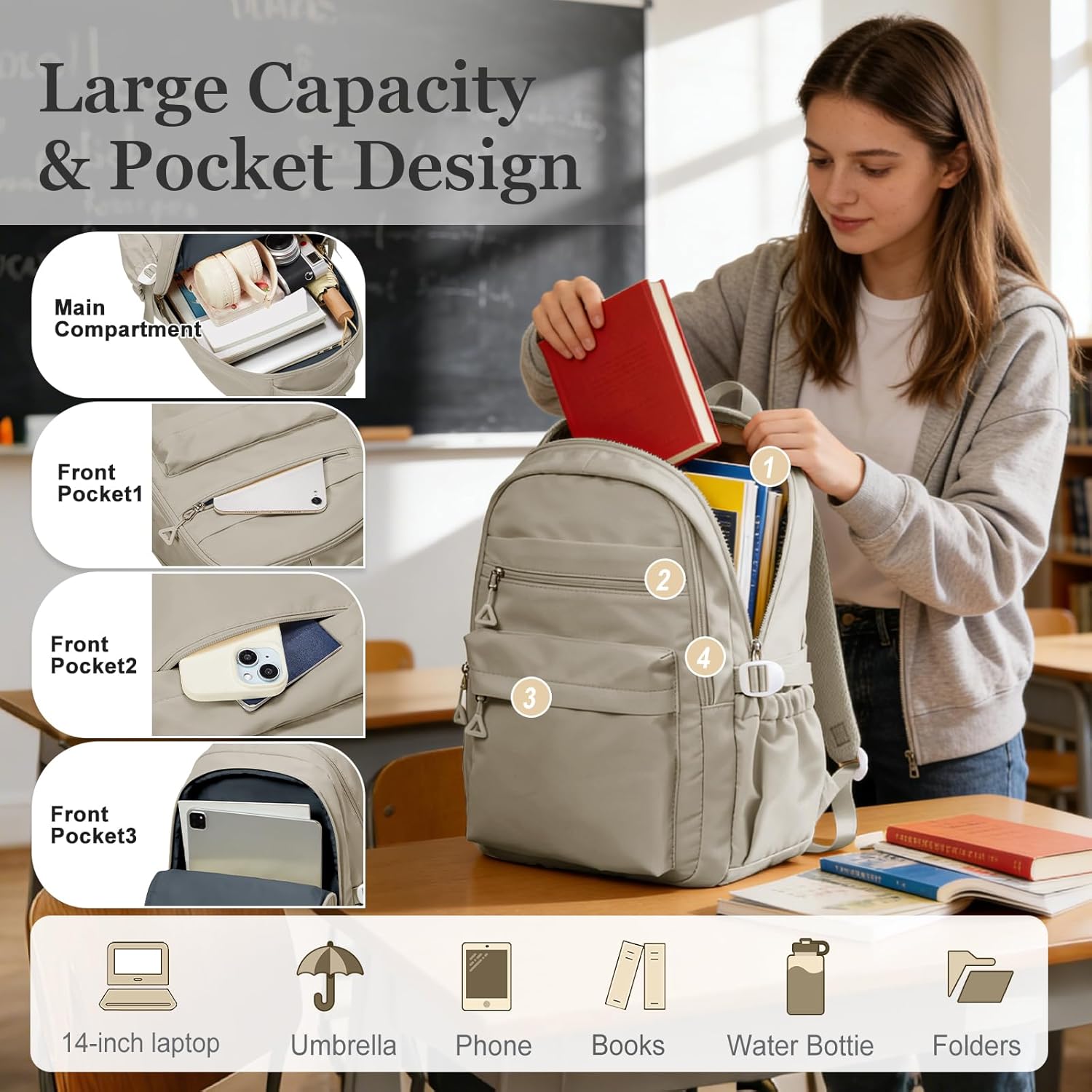 Backpack for College Students Women Men, Aesthetic Backpacks for Middle School, Waterproof Bookbag, Lightweight High School Backpack for Teens Boys Girls(Gray Brown) - Image 3