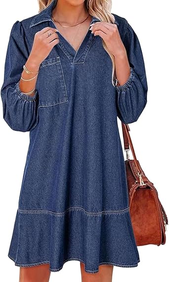 Womens Denim Shirt Dress, V-Neck 3/4 Puff Sleeve w/Pockets, Relaxed Babydoll Fit for Fall & Summer