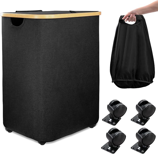 70L Laundry Hamper with Wheels, Collapsible Rolling Laundry Basket with Lid, Easy Transportation Laundry Organizer with Bamboo Handle for Living Room, Bedroom, Laundry Room