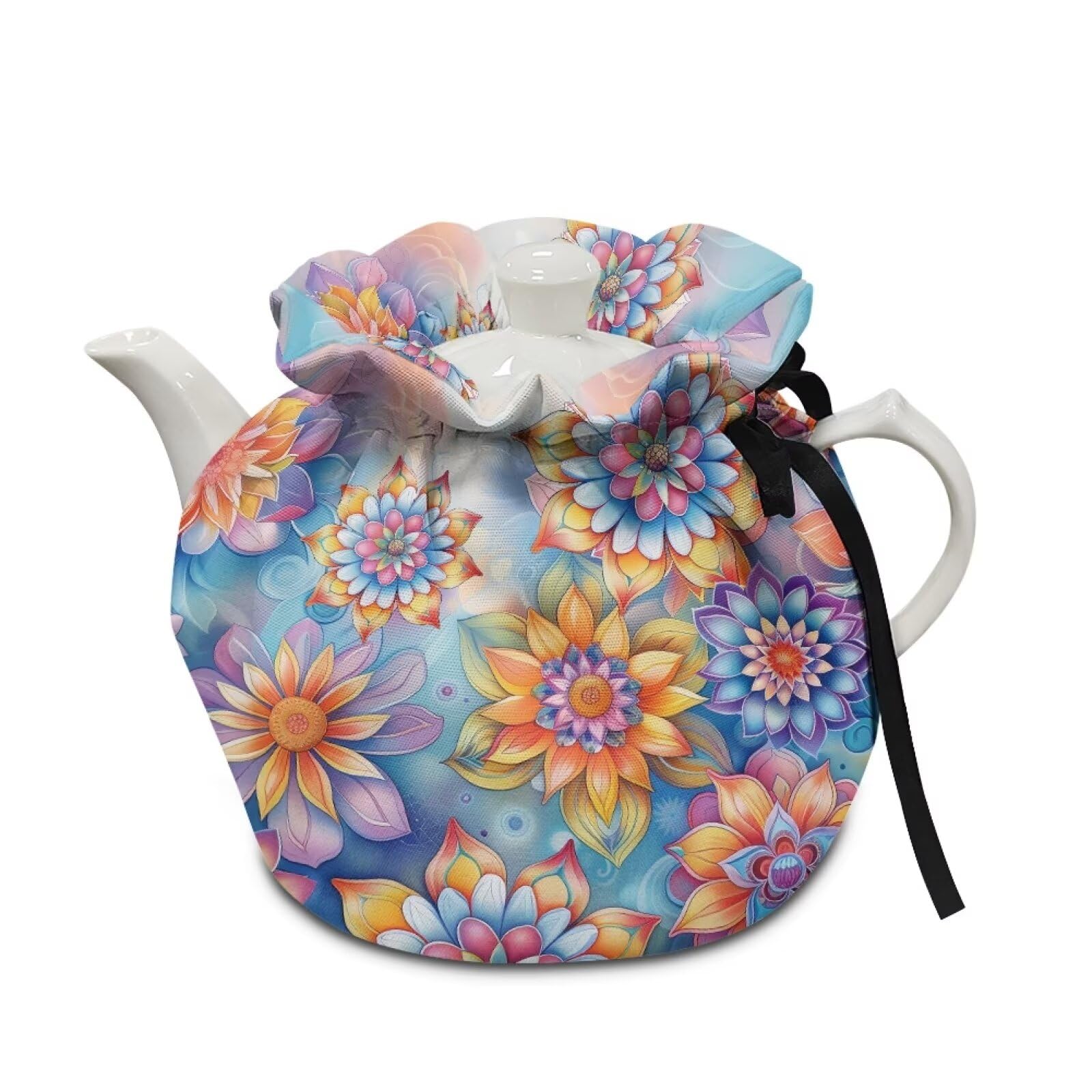 Boho Flowers Dust Cover with Drawstring, Durable Dustproof Teapot Cozy Breakfast Warmer Tea Kettle Quilt for Home Kitchen Table, Red Christmas Decor