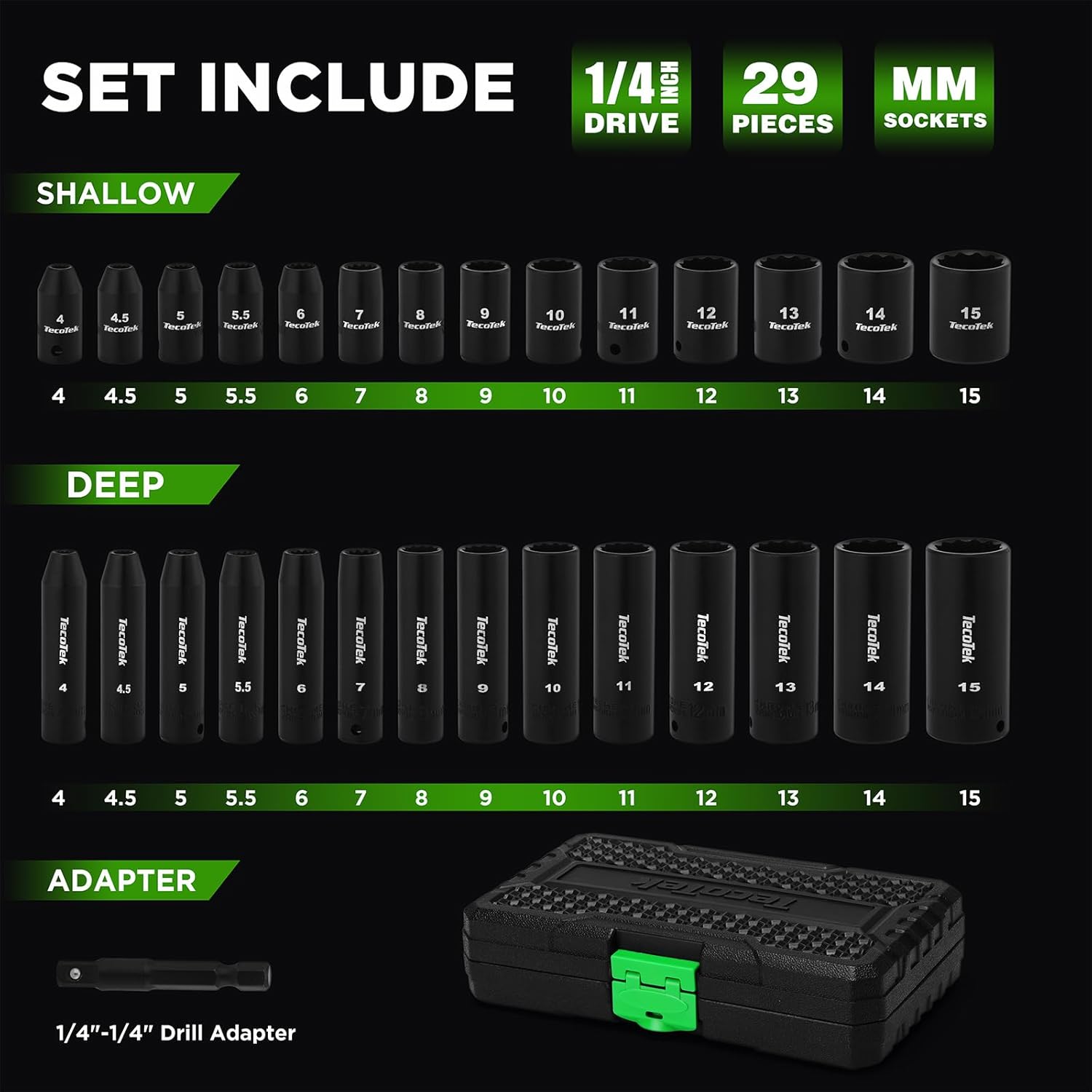TecoTek 29 Pieces 1/4-Inch Drive Shallow and Deep 12-Point Impact Socket Set, CR-V, 4-15mm Metric, 1/4"-1/4" Drill Adapter