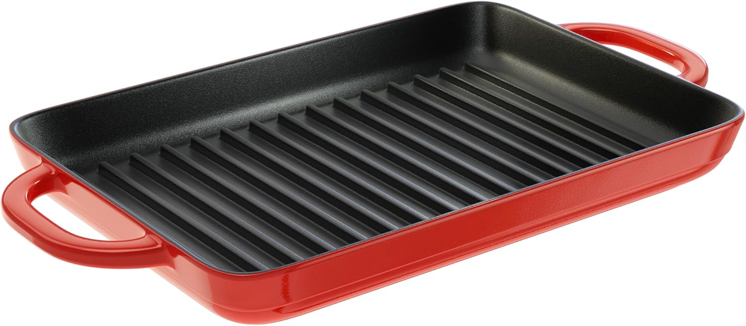 Lodge 12.5 x 8 Inch Enamel Cast Iron Grill Pan – Dual Assist Handles – Use in the Oven, on the Stove, on the Grill, or Over a Campfire – Red