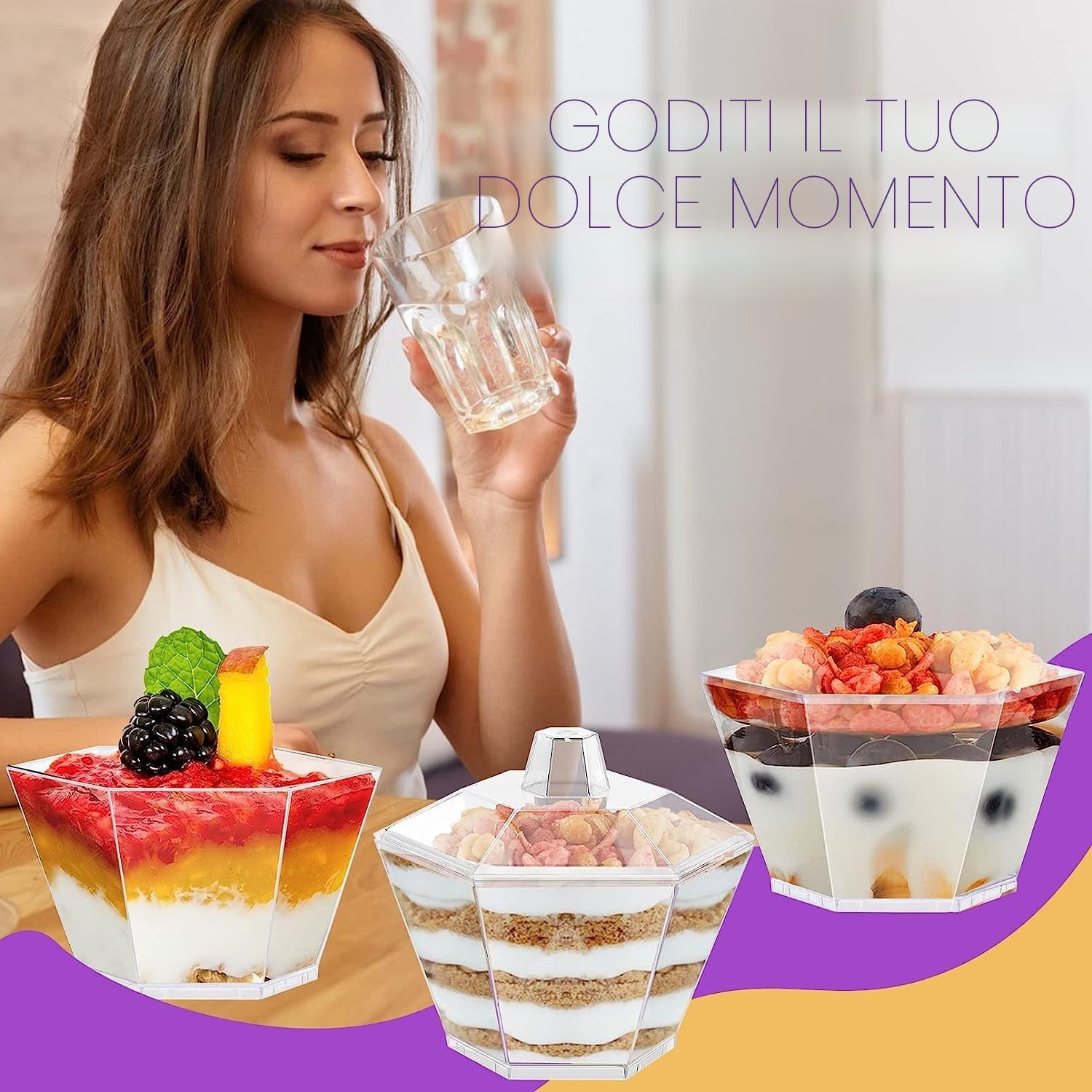 LATERN 50 Pezzi Tazze da Dessert in Plastica con Coperchi, 100ml Coppette da Dessert Esagonali Tazza di Antipasto Semifreddo Trasparente Ciotola da Portata Riutilizzabile con Coperchi (7,5 x 4,5cm)