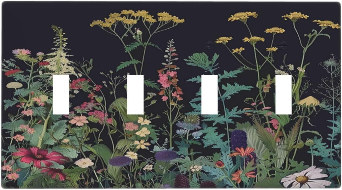 Light Switch Cover Boho Wildflowers Herbs Floral 4 Gang Switch Plate Quad Toggle Wall Plates Decorative Switchplate Electrical Outlet Cover Plates for Bathroom Bedroom Decor