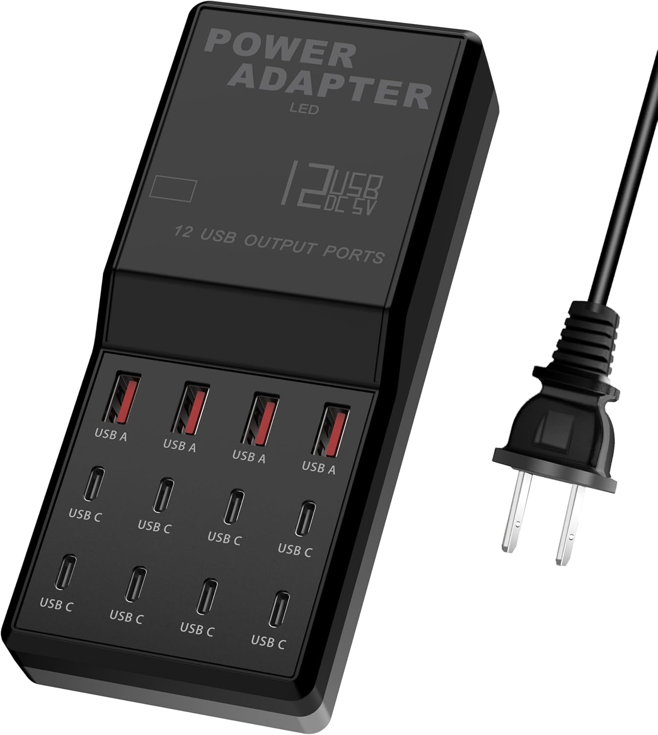 65W 12-in-1 USB (8×USB-C + 4×USB-A) Desktop Charger Station for MacBook Pro/Air, iPhone 15, iPad, 5ft Flat Power Cord, Home & Office Use