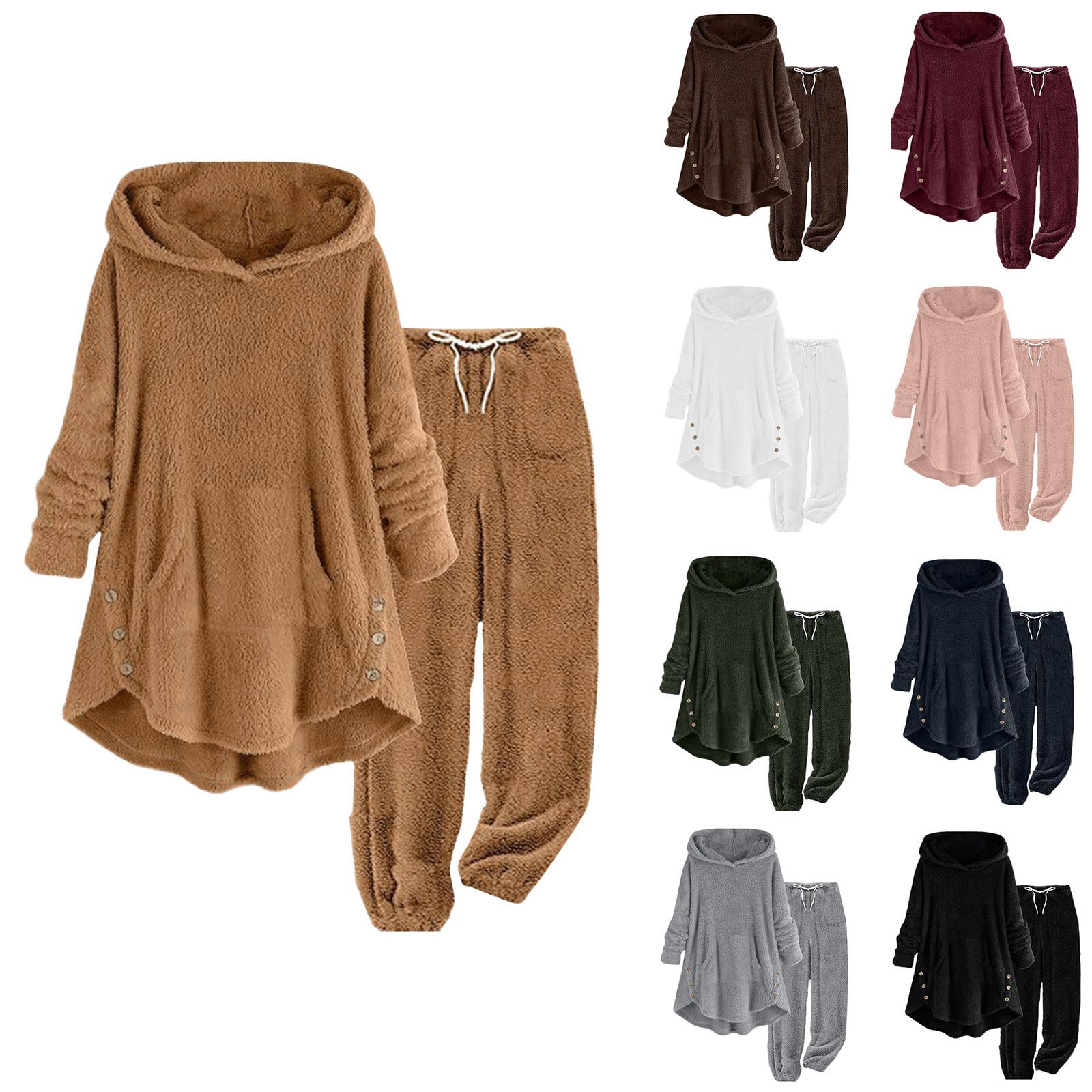 Loungewear - Conjunto de pijama de forro polar para mujer, conjunto con capucha, traje térmico de invierno, forro polar, 2 piezas, traje de felpa grueso, suave y cómodo, ropa de descanso