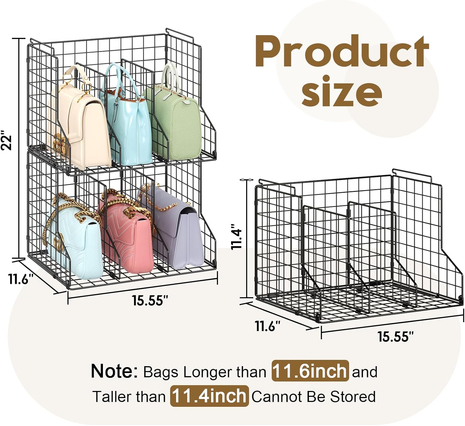 Sonyabecca Purse Organizer for Closet,2-Pack Adjustable&Stackable Purse Storage Organizer Dividers for Open Cabinets,Wire Storage Baskets for Purses/Handbags/Clutches-Black - Image 2