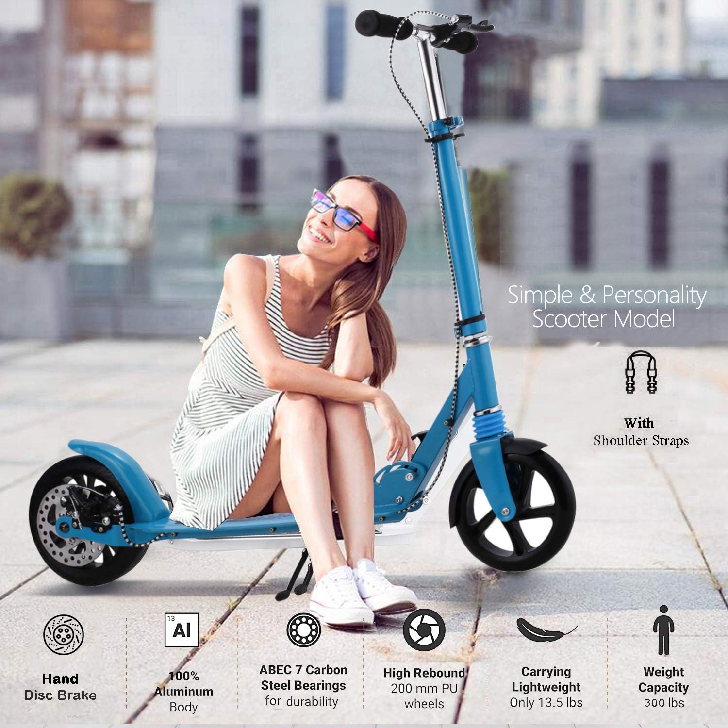 Simlive Adult Kick Scooter Foldable 3 Levels Adjustable Height 2-Wheel Kick Scooter Big Wheel Scooter
