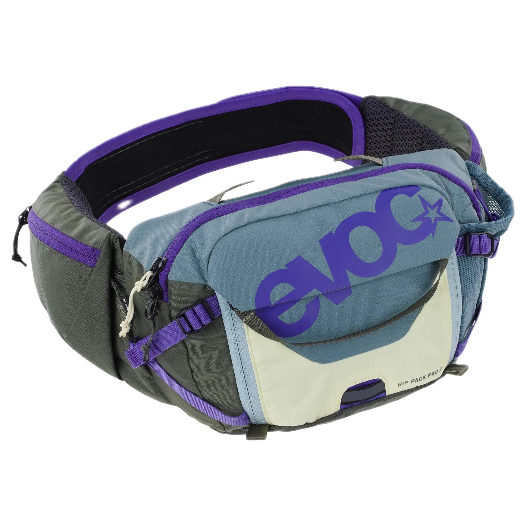 EVOC HIP PACK PRO 3 + HYDRATION BLADDER 1,5, torba biodrowa (AIR FLOW CONTACT SYSTEM, w zestawie bukłak o pojemności 1,5 l i uchwyt na butelkę, jeden rozmiar), stalowo-fioletowo-ciemnooliwkowa