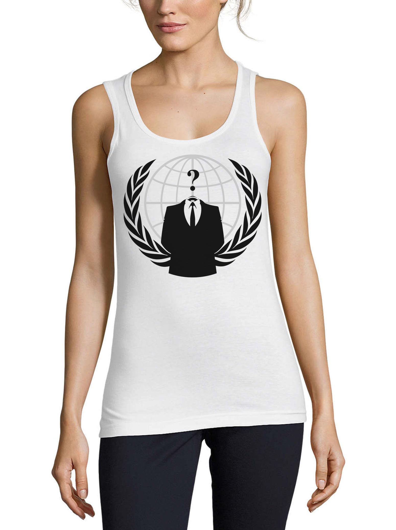 Camiseta sin mangas Anonymous Hacker de algodón evita calor con diseño original mujer 3