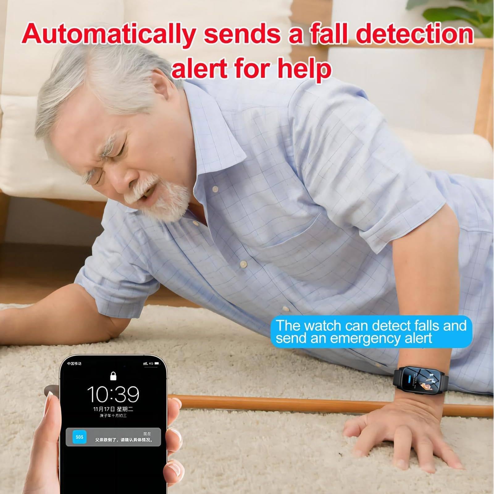 Reloj inteligente con detección de caídas y función de llamada SOS, dispositivo de alerta de caída para personas mayores, pulsera de posicionamiento antipérdida para demencia y Alzheimer