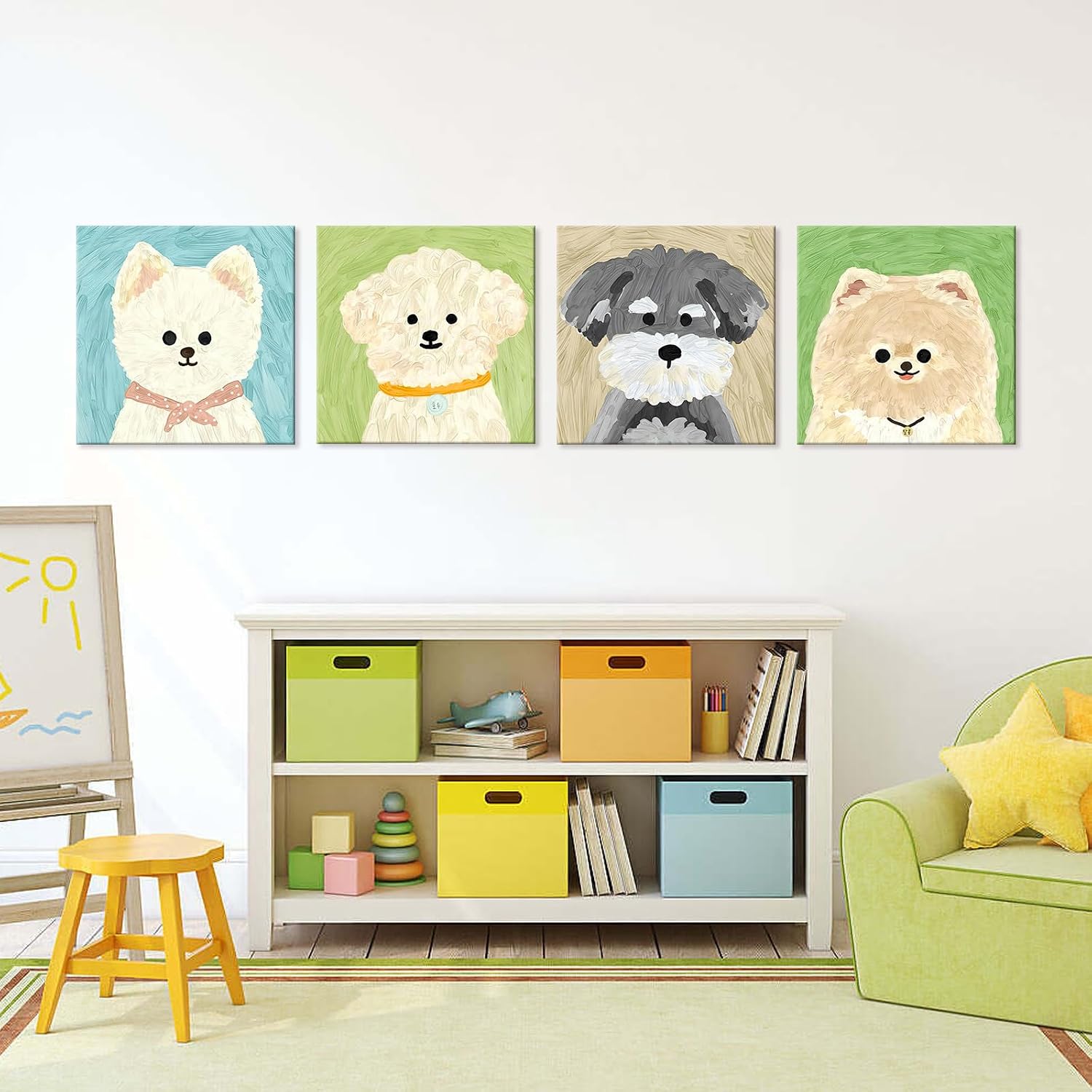 Generic Puppy Wall Art, Cute Cartoon Dog Painting, Framed Animal Themed Print Canvas Picture Artwork Poster Nursery Decor for Kid's Room,12""X12""x4pcs