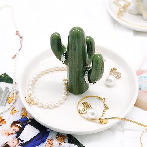 Miniatura 3 de Plato de cerámica para joyas, soporte para anillos y bandeja decorativa para baratijas para baño, mesita de noche y tocador (Cactus)