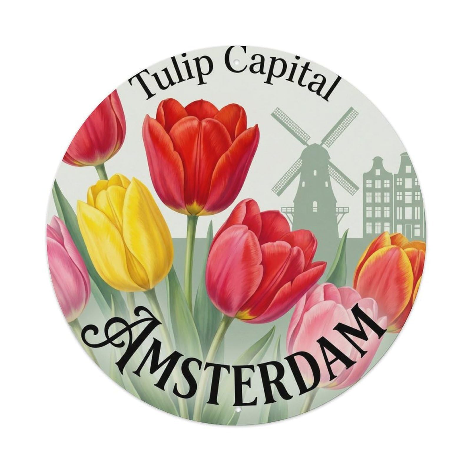 Tulip Closeup Amsterdam Tourism Heritage Scenic Landmark Metal Tin Sign Plaque Wall Decor for Cafe, Man Cave, Club Bar, Office, Home Garden Round Metal Poster 8x8Inch