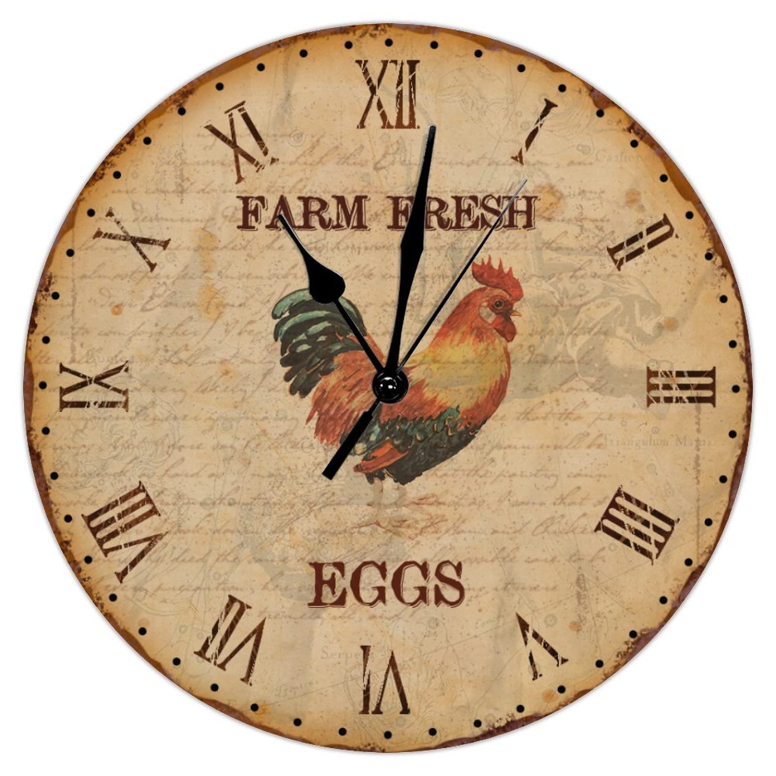 Horloge murale silencieuse 38 cm style coq rustique et déco oeufs frais de la ferme