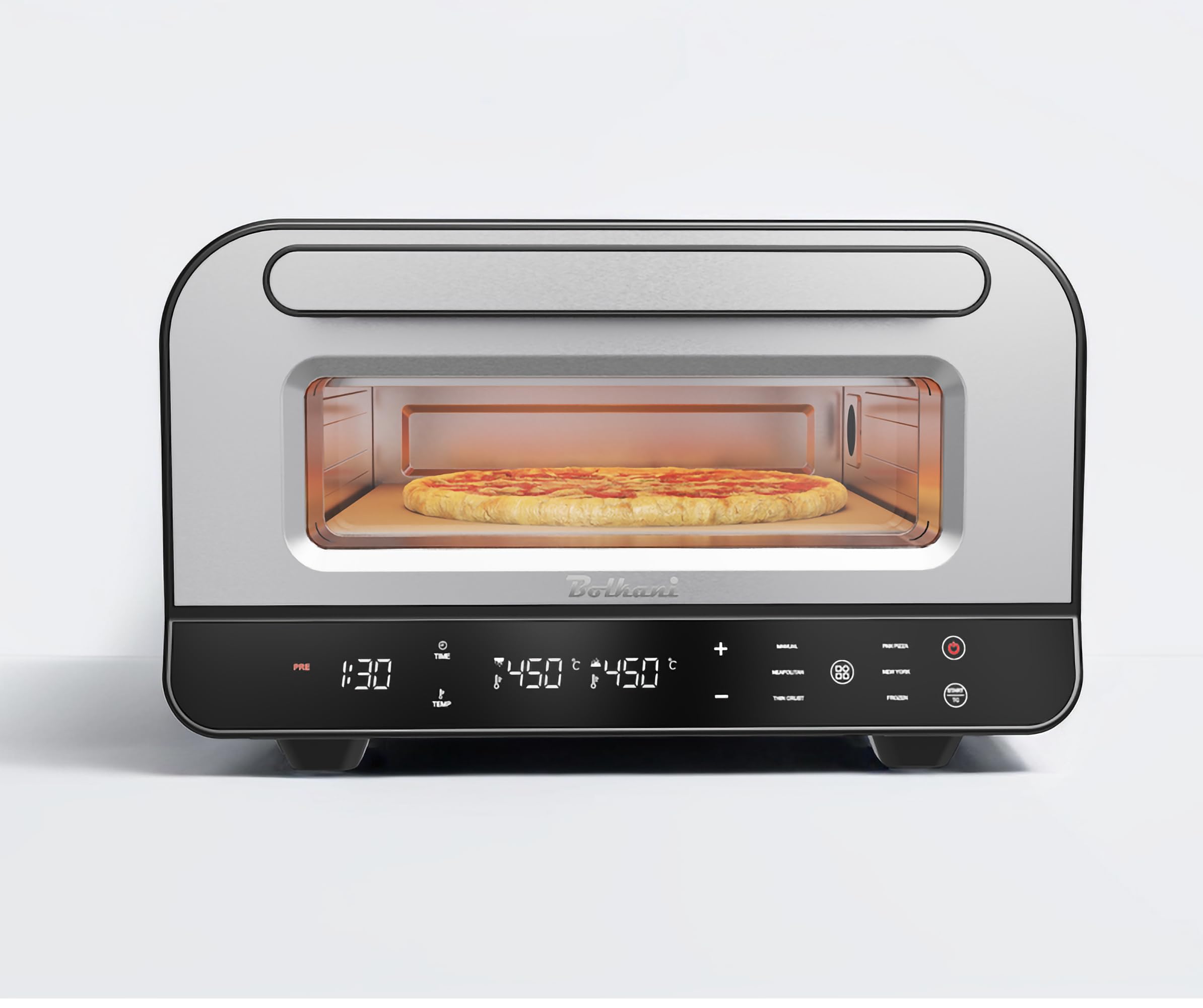 Pizzaofen Elektrisch 450 Grad mit Pizzastein, Profi Steinofen für Zuhause Indoor, Timer Ober Unterhitze 80-450°C Sichtfenster Innenbeleuchtung Tischpizzaofen Edelstahl
