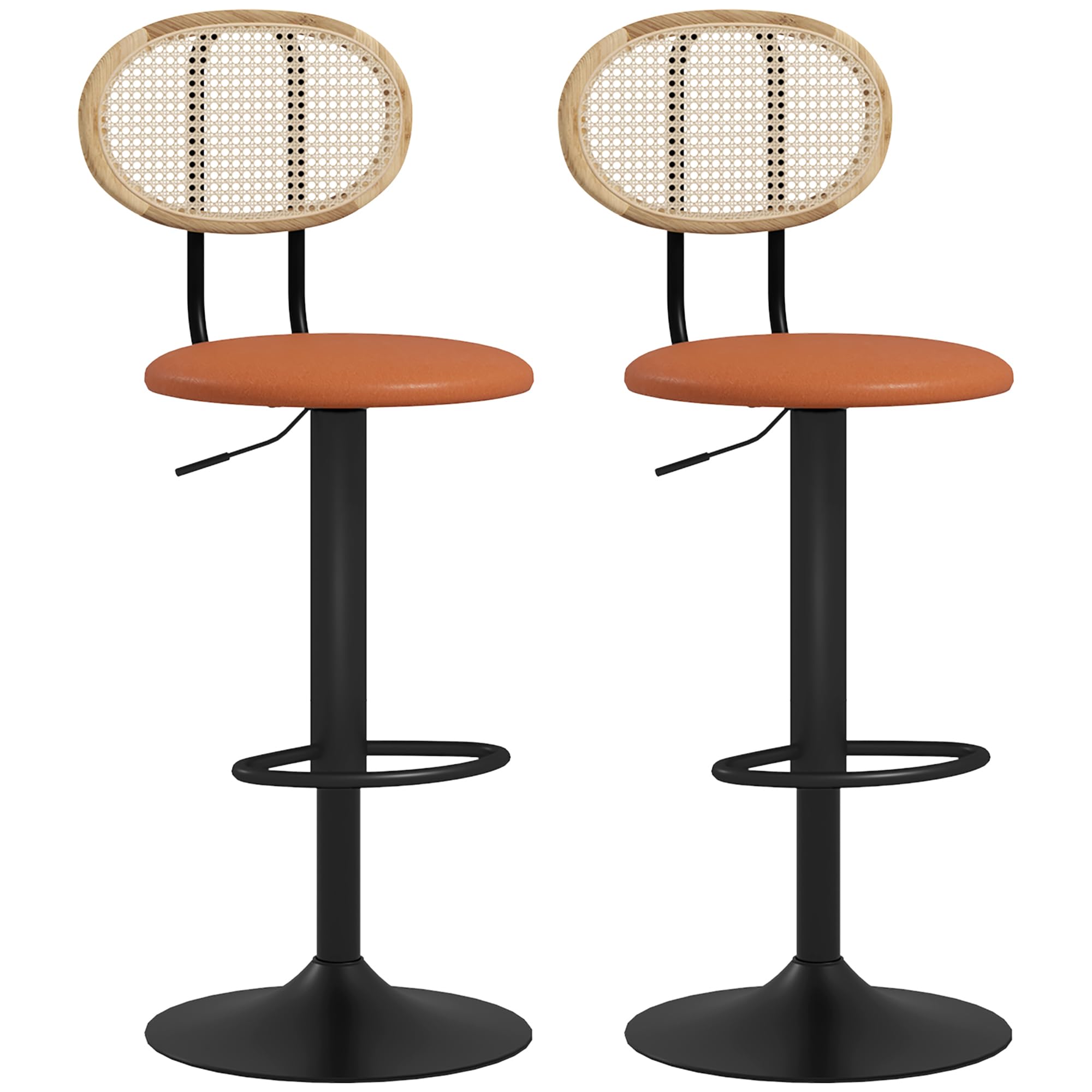 HOMCOM Lot de 2 tabourets de Bar chaises de Bar Hauteur réglable avec Dossier en rotin et Repose-​Pieds, Tabouret Haut Moderne, Structure Bois revêtement synthétique Marron