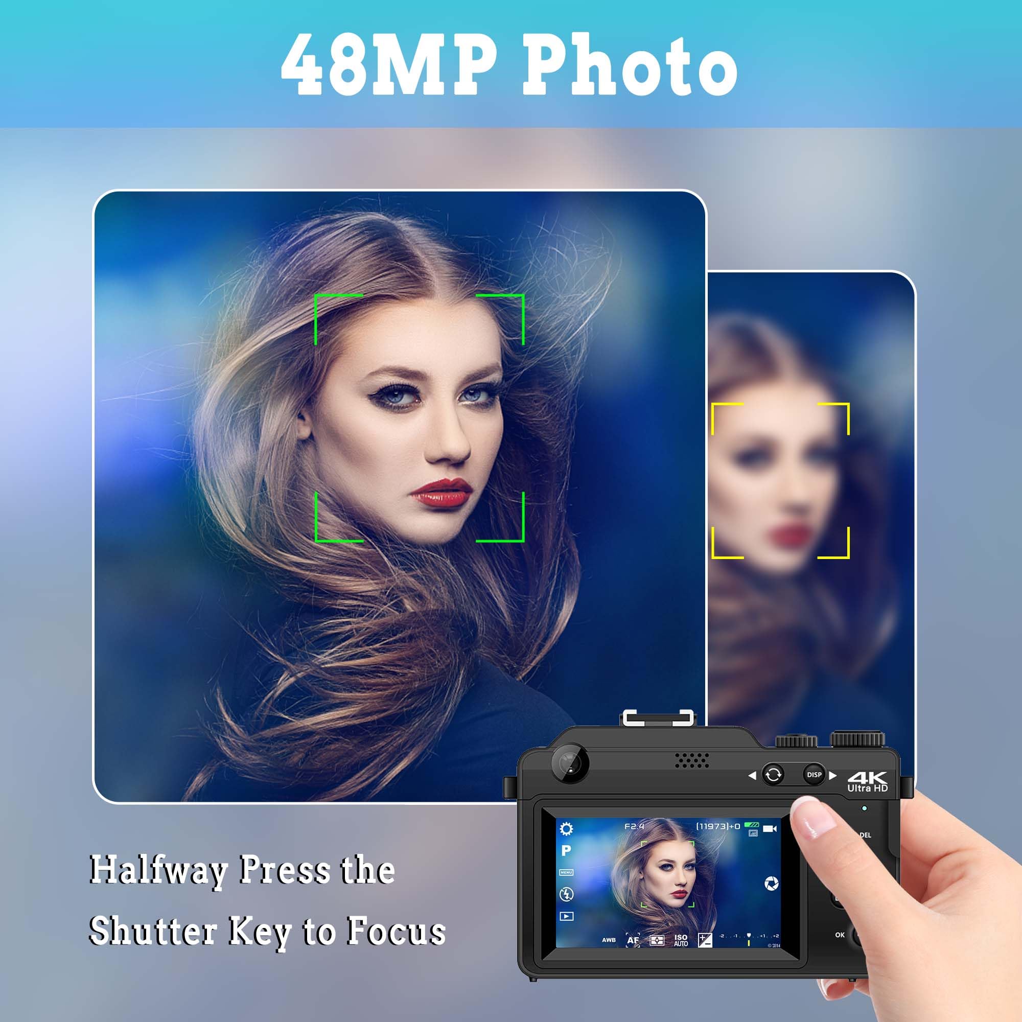 Fotocamera digitale 4K con due lenti: fotocamera da 48 MP, zoom 18x, fotocamera compatta da 3 pollici, fotocamera portatile con scheda da 32 GB, per adolescenti, principianti, bambini, colore nero