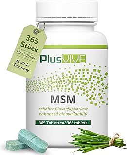PlusVive MSM Tabletten hochdosiert I 1x 365 Tabletten I 2000mg MSM Kapseln mit Papain & Spirulina I Vorrat für 6 Monate I Nahrungsergänzungsmittel mit 99,8% Reinheit I vegan & laborgeprüft