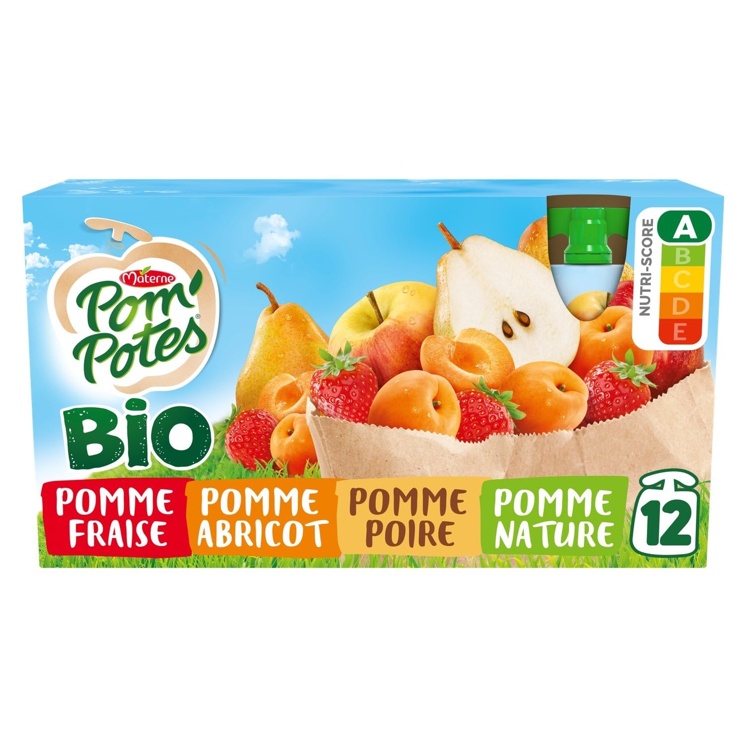 Compotes pomme, fraise, poire, abricot bio sans sucres ajoutés POM'POTES - les 12 gourdes de 90g Lot De 3 - Par Lot
