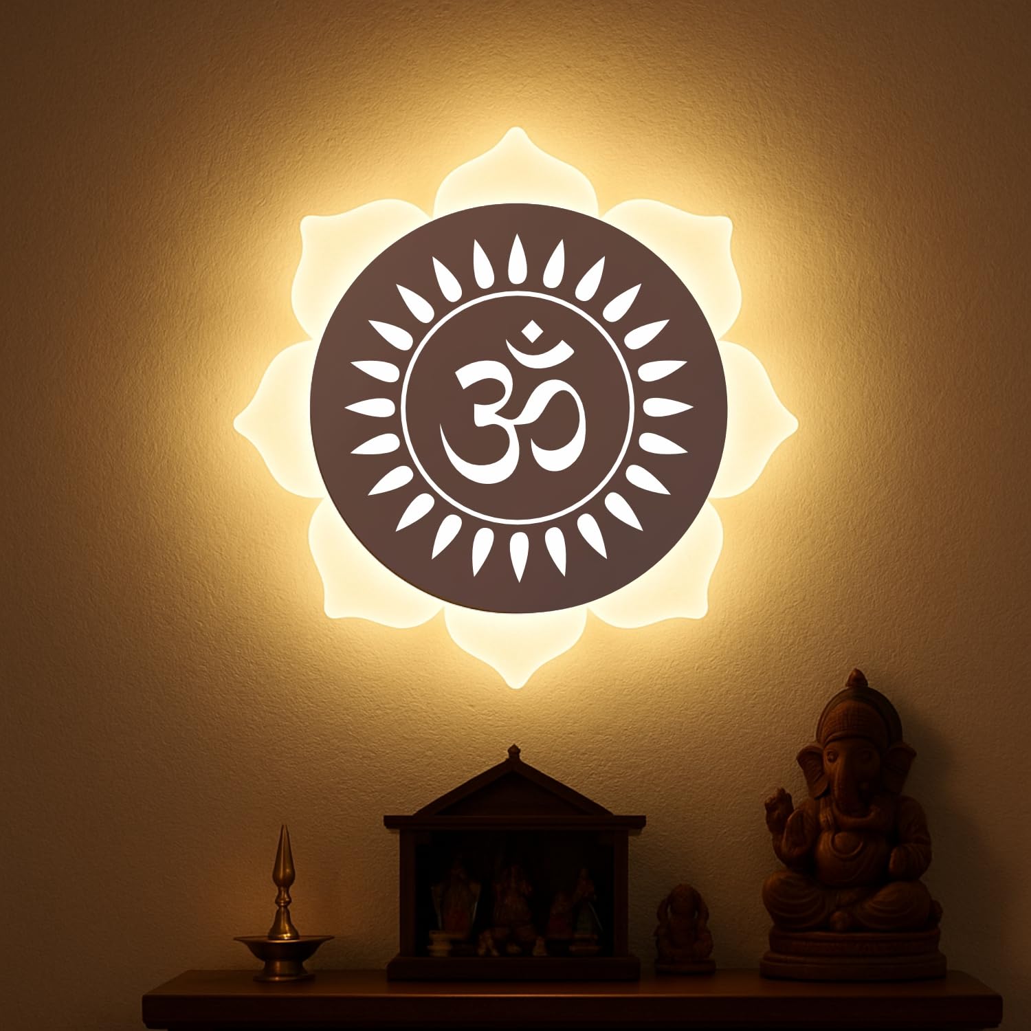 Lamp master Flower Om LED Wall Light - Rose Gold & Frosted Acrylic | 23cm | Warm White | Ideal for Temple, Living Room, Bedroom, Pooja Room, Mandir, Shops, Hotel (Flower - Om - Rose Gold)