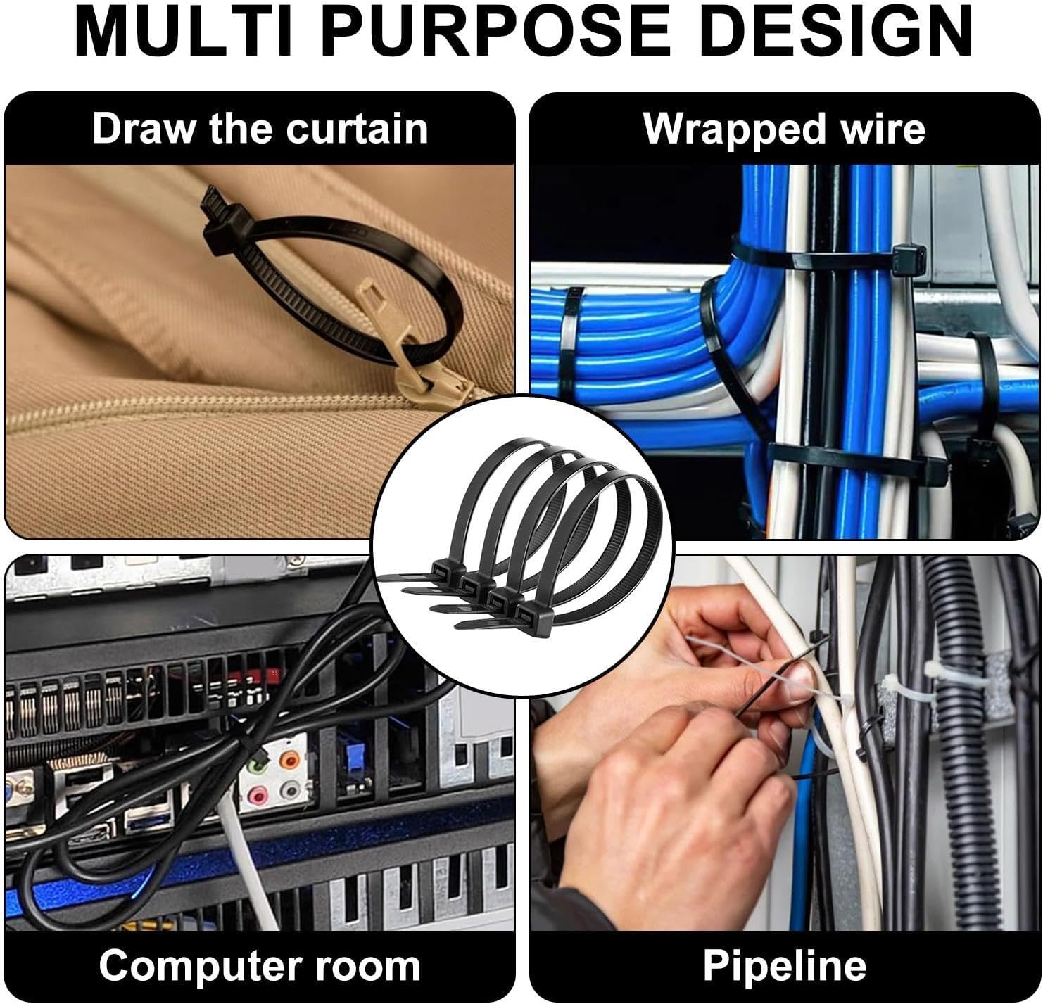 2500 Pack Bulk Assorted Black Zip Ties – 4/6/8/10/12" Industrial PA66, UL94V-2 Flame Retardant, UV & Heat Resistant