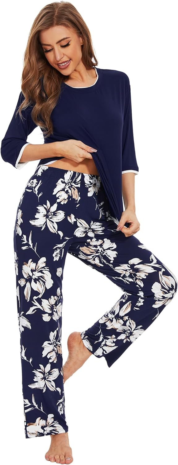 WiWi Womens 3/4 Sleeve Pajamas Set Soft Cooling Bamboo Viscose Top with Pants Sleepwear Plus Size Pjs S-4X with Pockets - Image 3