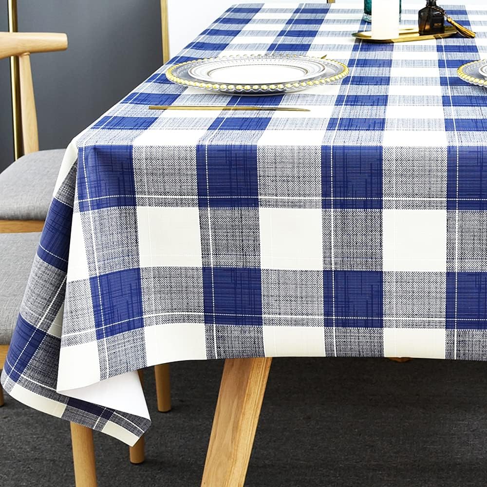 TruDelve Plastic Tablecloths for Rectangle Tables Blue Checkered Vinyl Tablecloth Waterproof Wipeable Oilcloth Table Cloth for Outdoor Picnic Table Cover (54'' x 108'', Blue)