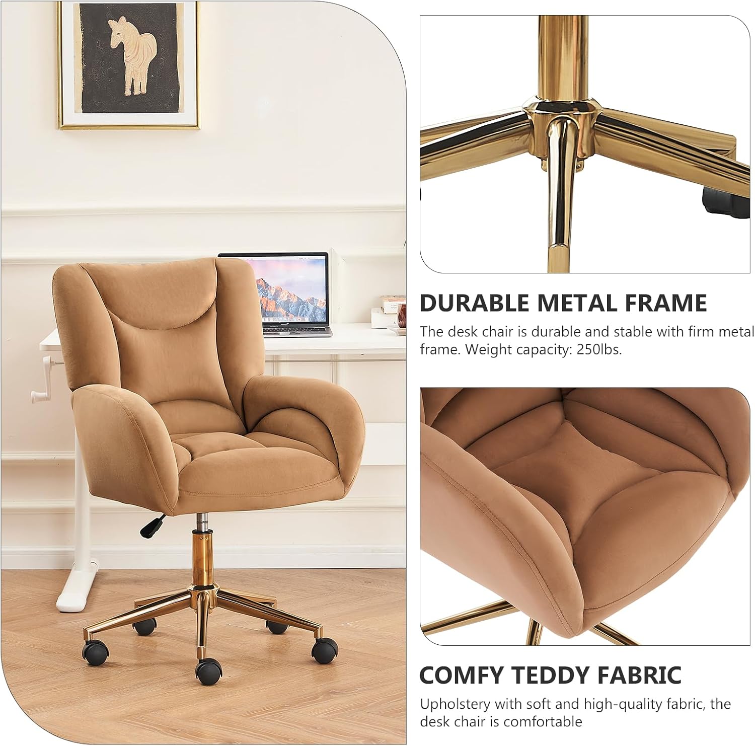 Hommoo Home Office Desk Chair Comfy Velvet Height Adjustable Vanity Chair with Wheels and Arms Modern Rolling Desk Chair 360°Swivel Gold Frame for Women and Girls Coffee