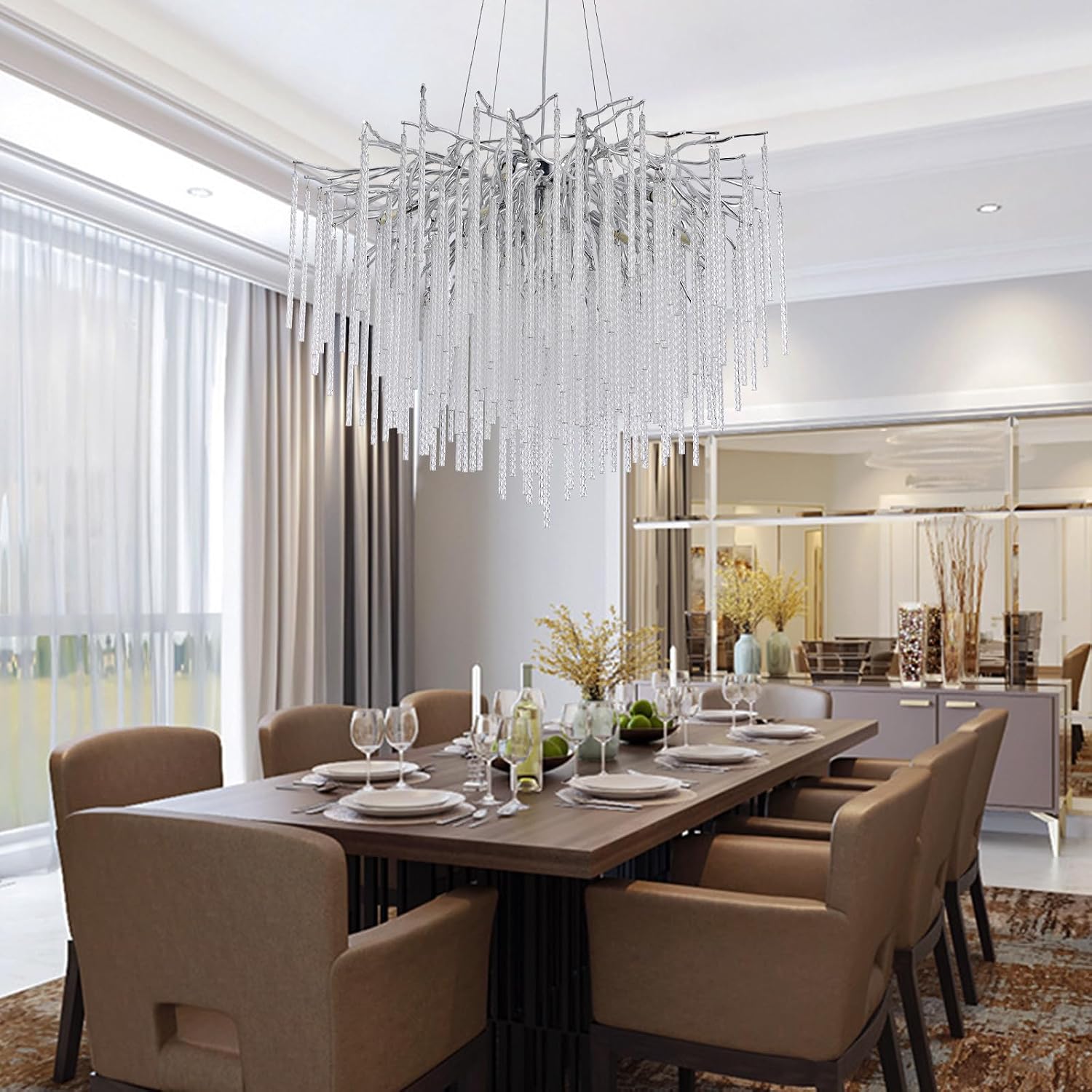 24inch Silver Crystal Chandeliers, Modern Tree Branch Chandelier Round Chandelier Pendant Light Fixture for Dining Room Bedroom Entryway, 8-Lights