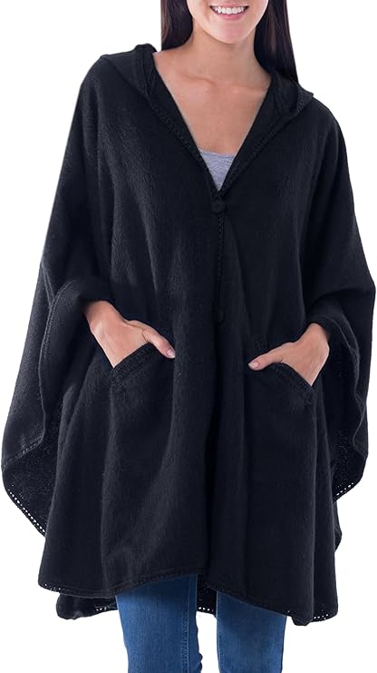 NOVICA Artisan Handmade Alpaca Blend Hooded Ruana Cape Andean with ...