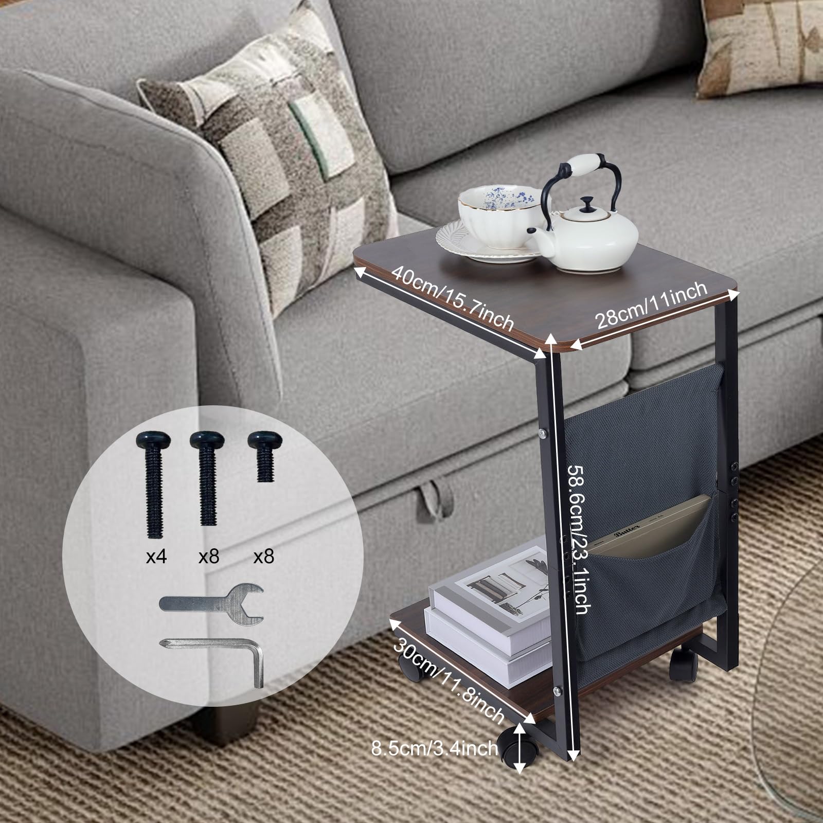 comfoyar Tavolino a Forma di C con Ruote, Tavolino da Divano in Legno per Sedia Reclinabile, Tavolini da Caffè a Mobile con Borsa Portaoggetti per Piccoli Spazi, Soggiorno, Camera da Letto, Ufficio