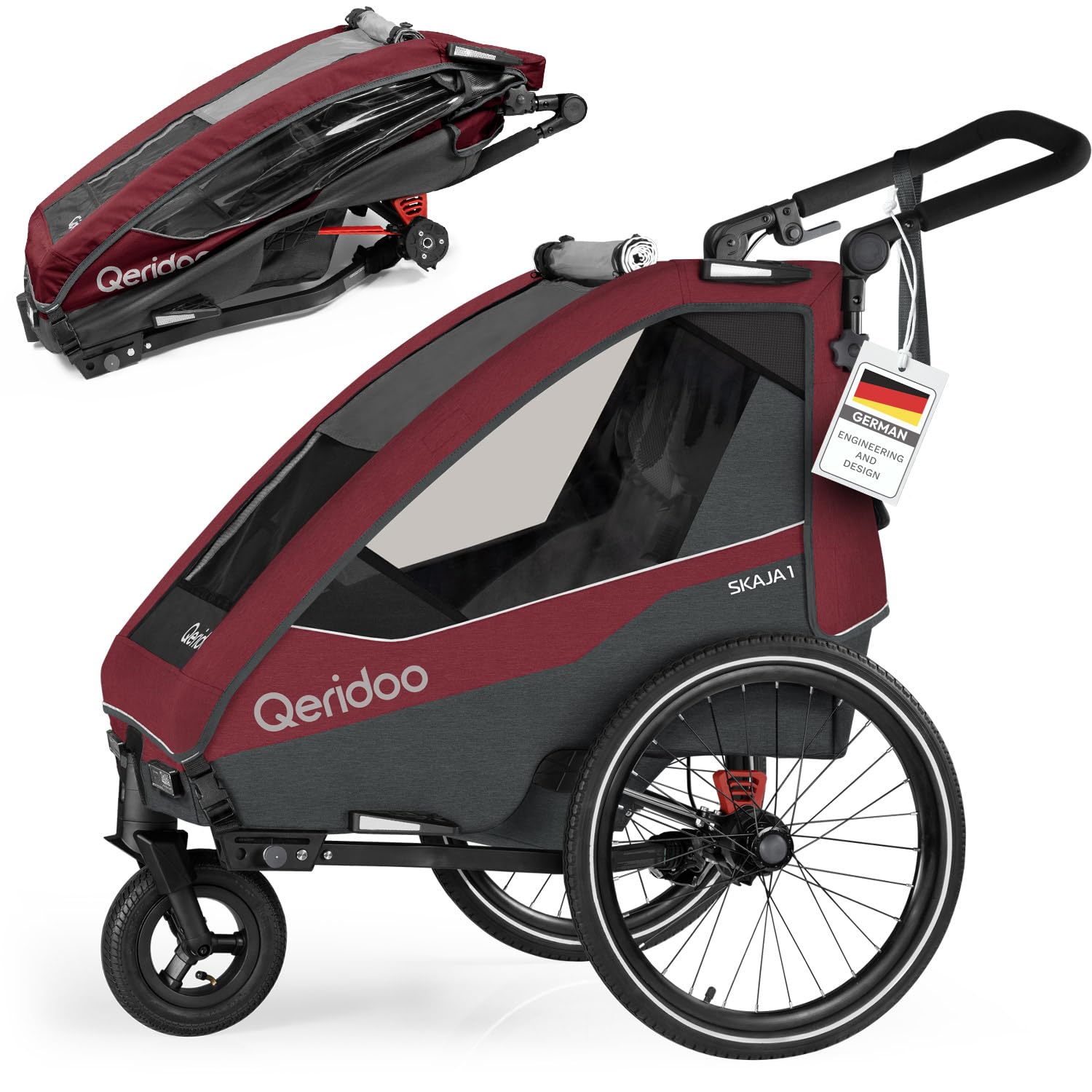 Qeridoo Skaja 1 Cayenne Red | Fahrradanhänger 1 Kind mit Premium-Federung & 3-in-1-Funktion | Kinderfahrradanhänger & Jogger Kinderwagen | Leichter Fahrrad Anhänger Kinder | Sicher & Kompakt