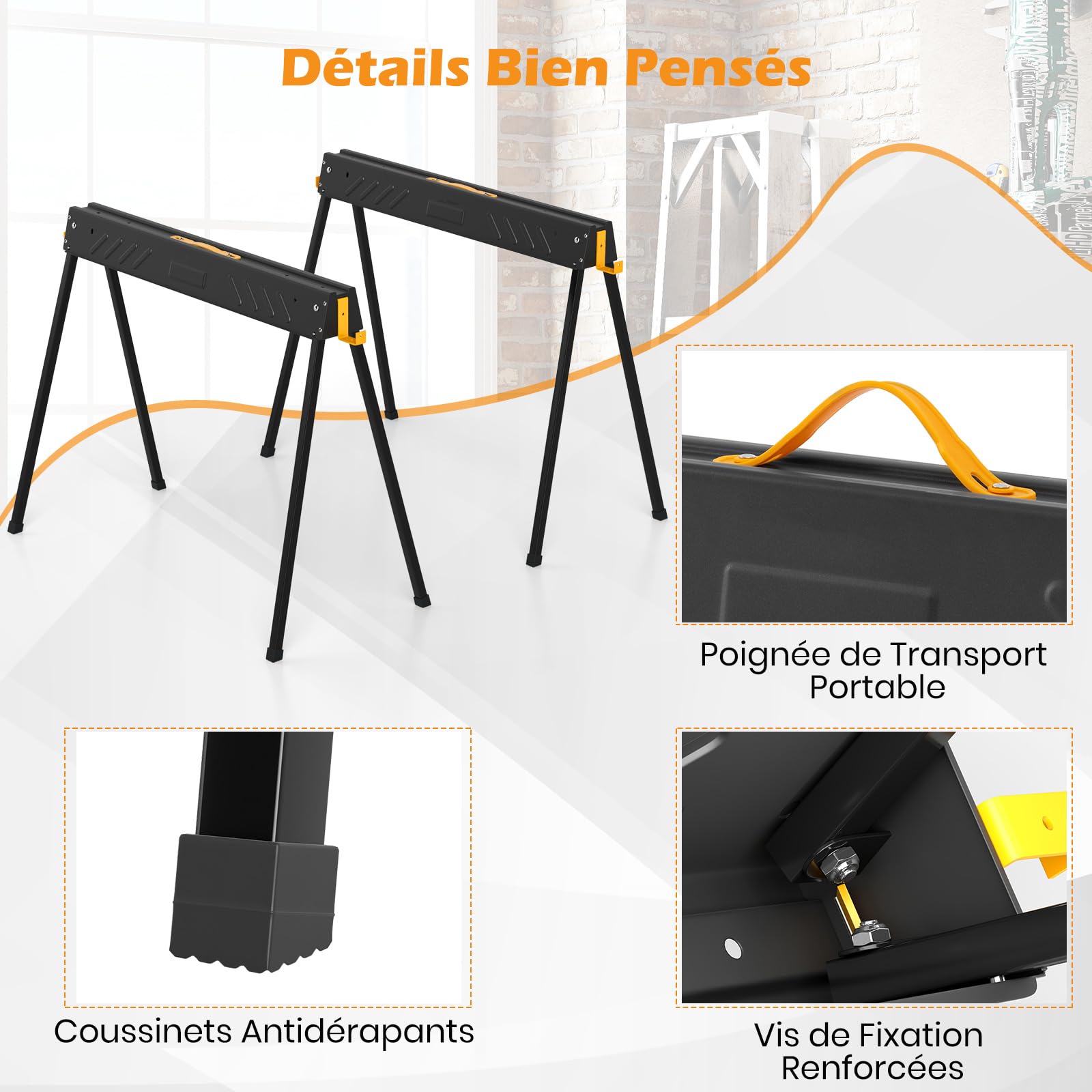 GYMAX Chevalets de Sciage de Bois Pliable, Lot de 2 Tréteaux avec 4 Bras de Soutien, Charge Max.1000KG, Portable avec Poignée, pour Menuisiers, Charpentiers