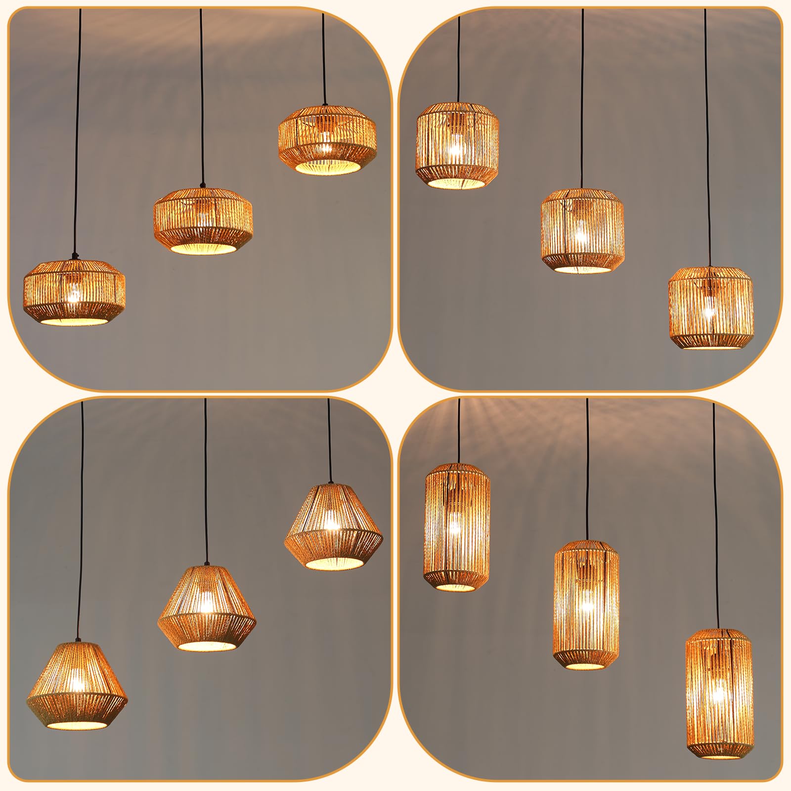 Pendelleuchte Boho Hängelampe Rattan Lampe Hängend Höhenverstellbar | Hängeleuchte Esszimmer 3 flammig Esstischlampe Retro Design mit E27 Fassung für Schlafzimmer Wohnzimmer/Ohne Leuchtmittel