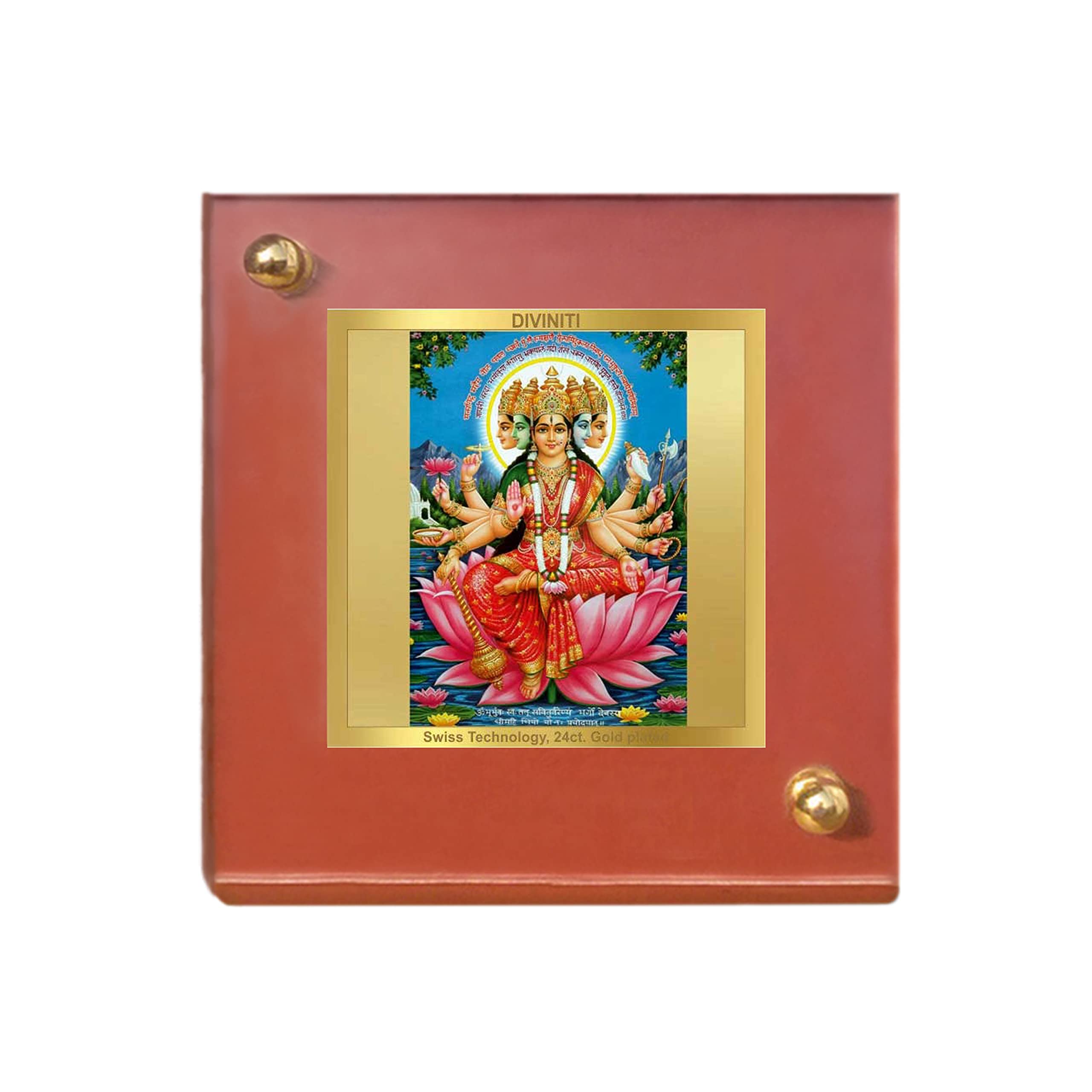 DIVINITI Goddess Gayatri Mata Photo Frame for Car Dashboard, Car Idol, Table Decor|MDF 1B wooden Frame with 24K Gold Plated Foil|Religious Frame For Pooja, Prayer and Gift (6.5x5.5 cm)
