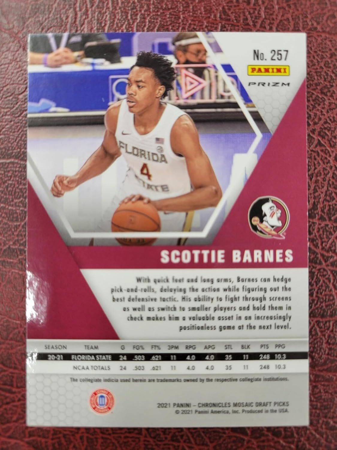 Scottie Barnes 2021 PANINI CHRONICLES DRAFT ROOKIE RC PRIZM #257 FSU SEMINOLES! - Basketball Cards