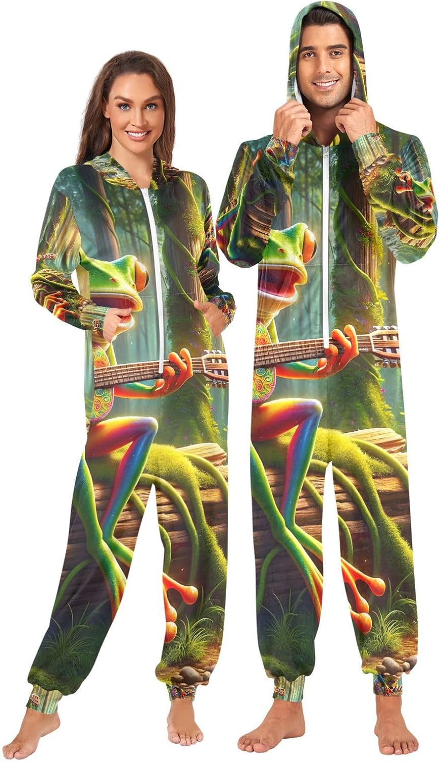 Colorful Frog Guitar Adult Onesie Pajamas for Unisex Novelty One Piece Costume Sleepwear