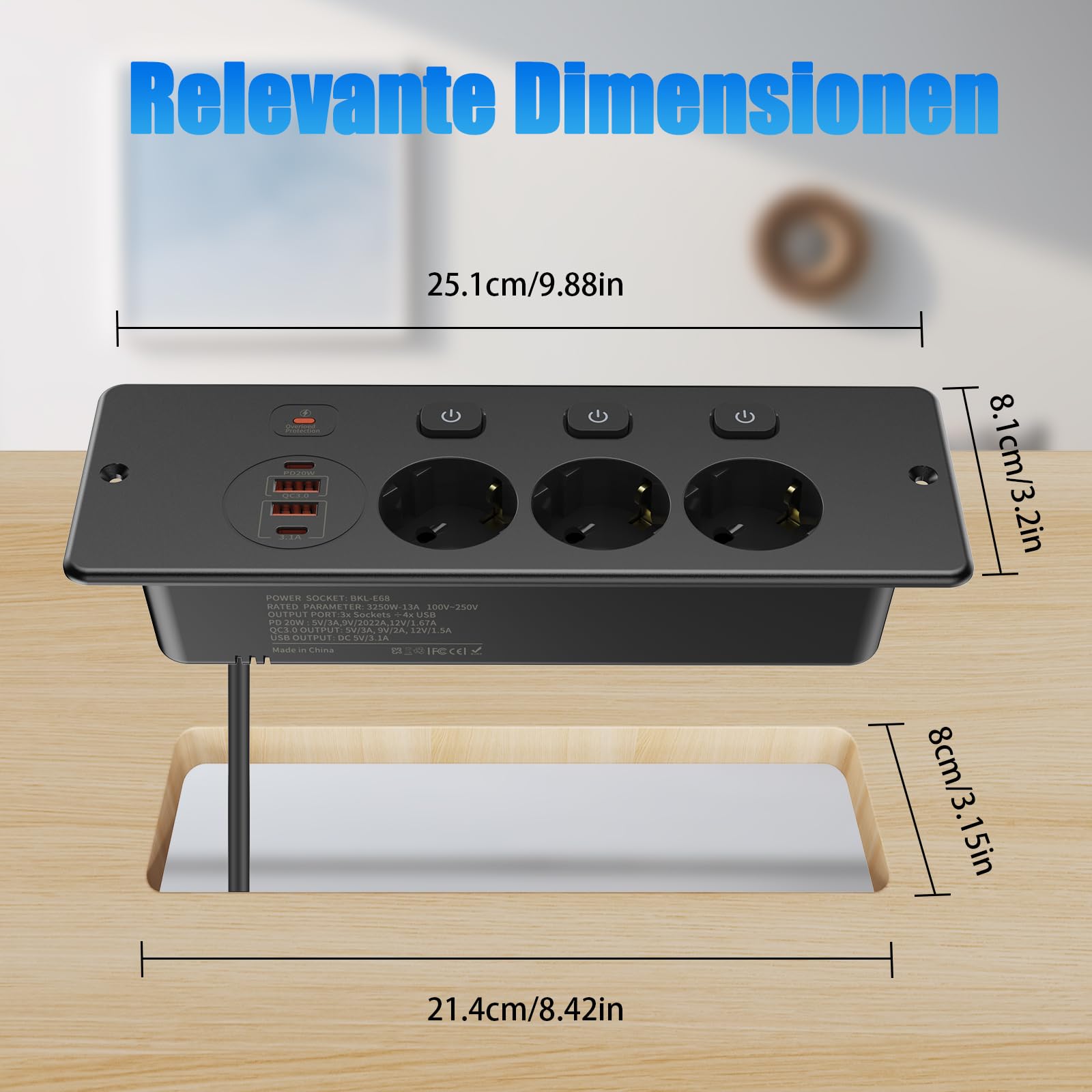 Presa da incasso USB, 3 presse da tavolo con interruttori singoli, ciabatta 2m, USB-C, presa per tavolo cucina, nero
