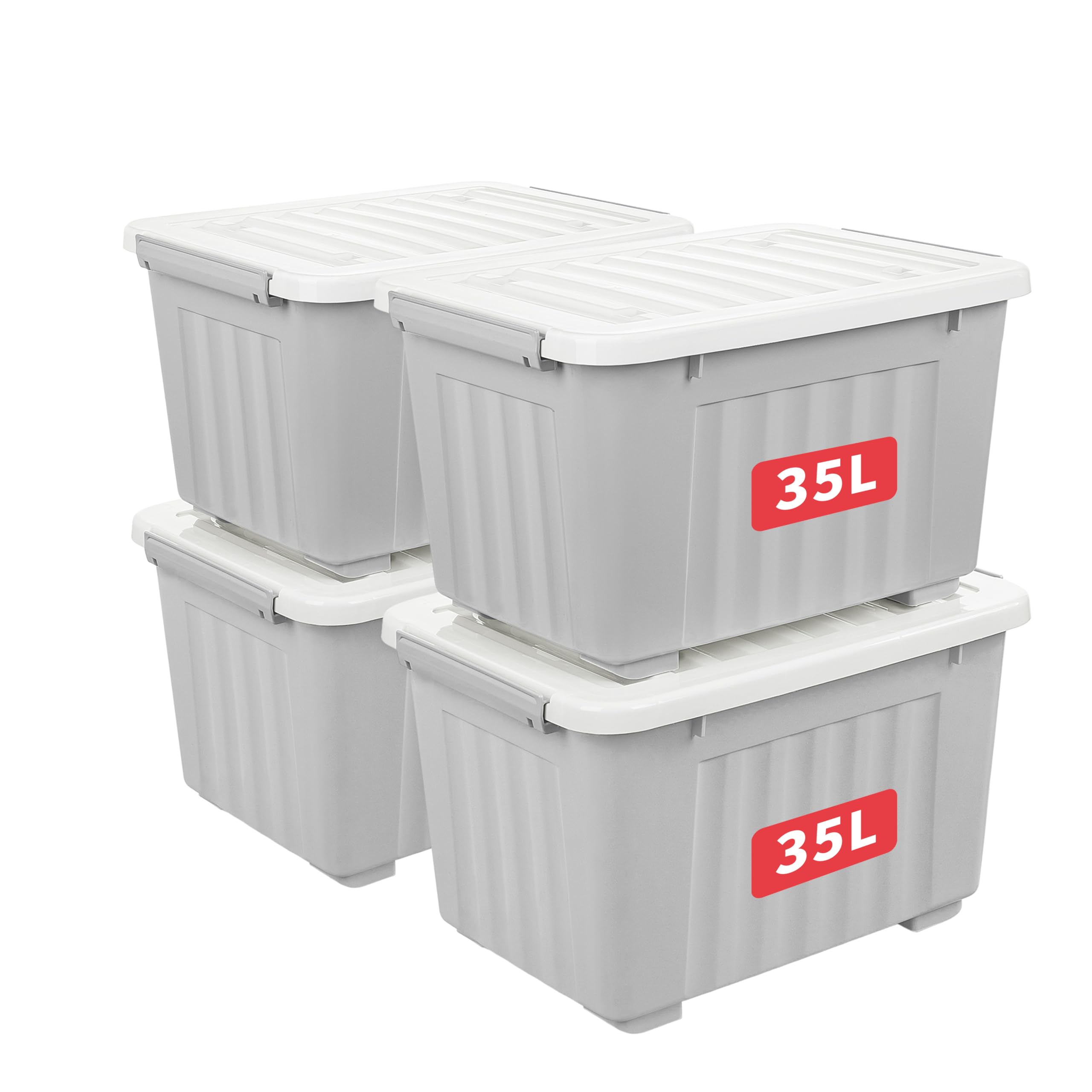 Cetomo 35L*4 Storage Boxes with Lids, Plastic Storage Box with Wheels and Secure Side Latches, Stackable & Nestable Organizer for Home, Office, Moving, PP, Gray, 35L-4 Pack — image 1