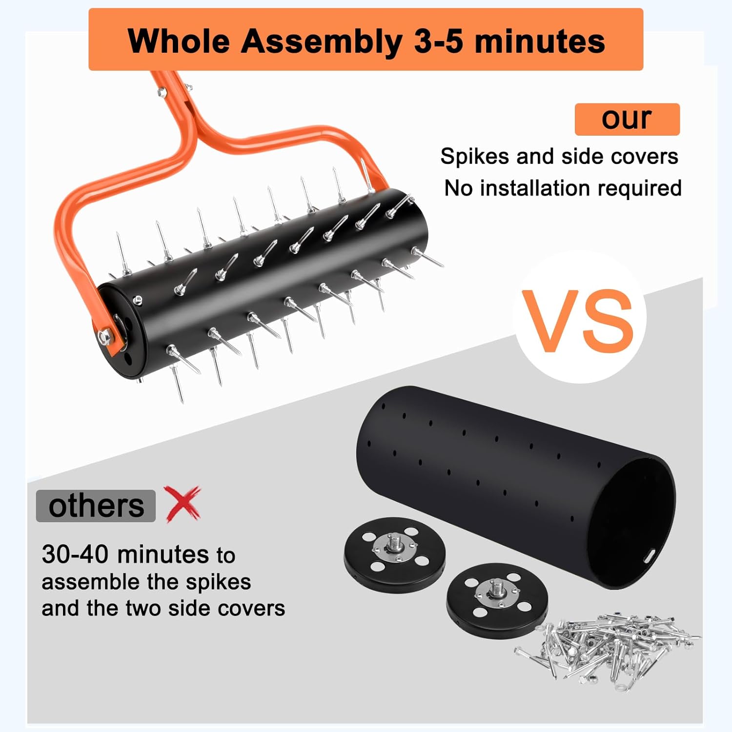 21" Rolling Lawn Aerator, 45 Preassembled Spikes, Only Needs 3-5 Minutes to Assemble, No Looseness, Good Package, 75" Long Handle with Quick Clip Connections, U-Shape Construction - Orange.