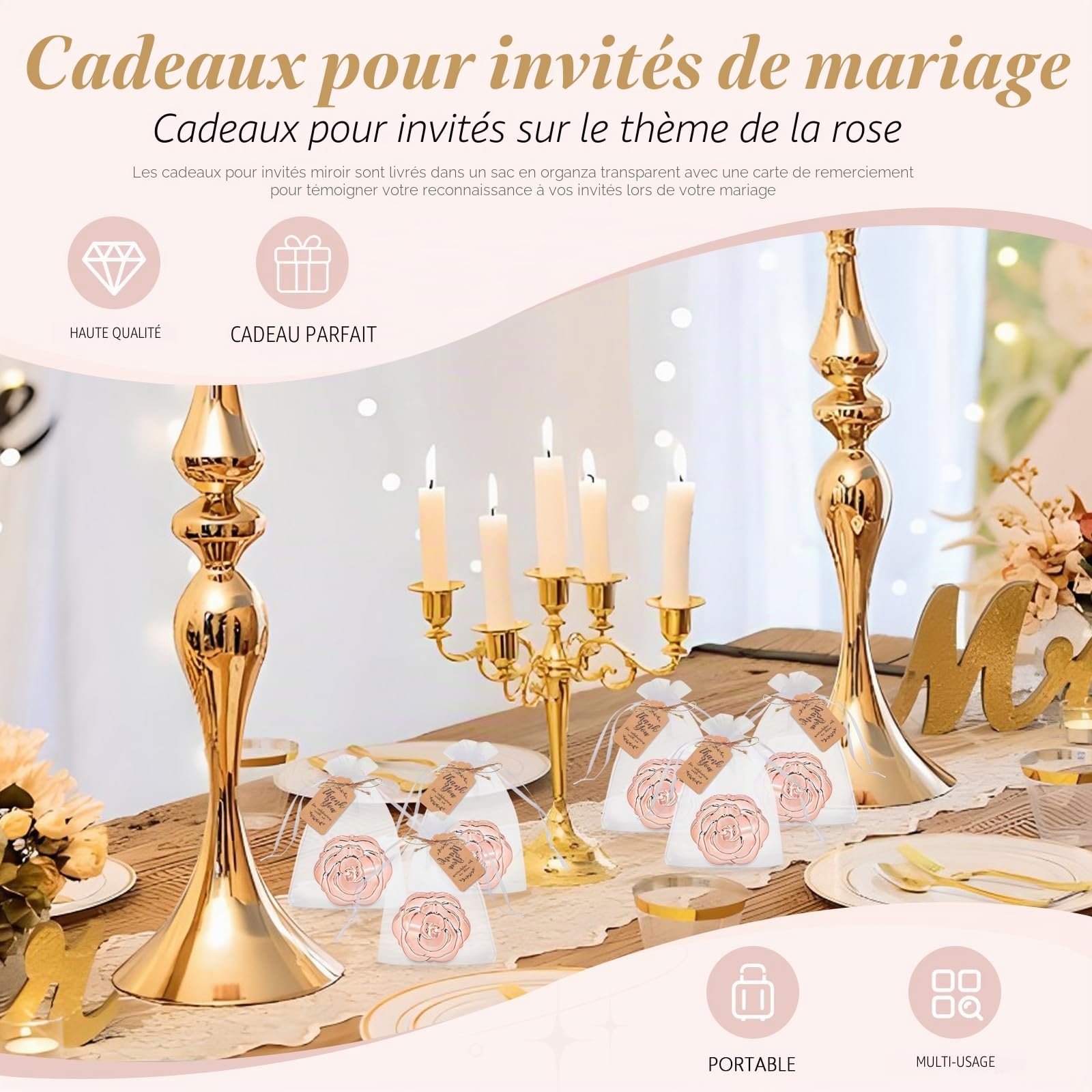 Lot de 30 miroirs compacts en forme de rose pour invités - Avec étiquette de remerciement et sac en organza (or rose)