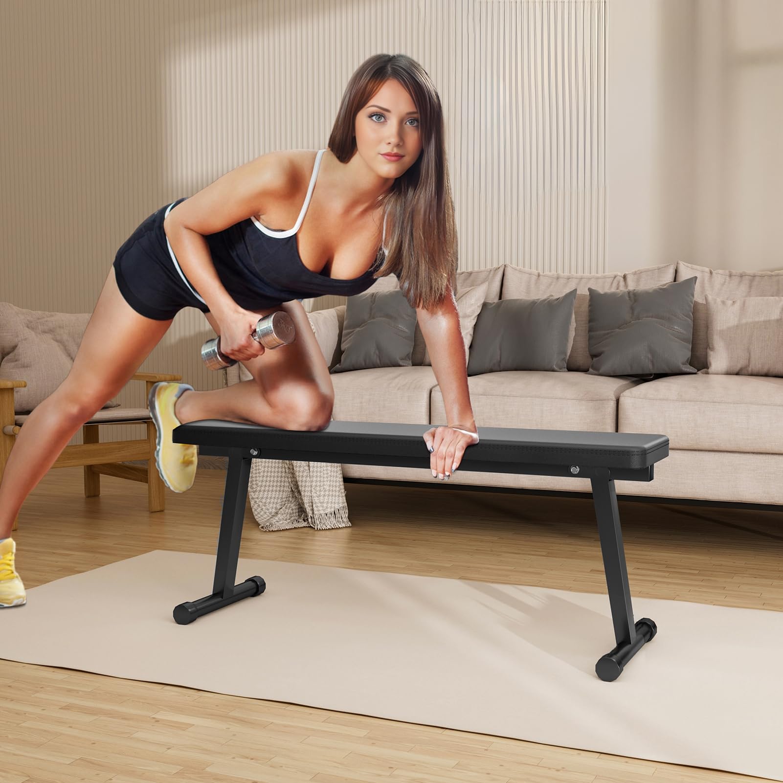 Banc Plat, Banc d'haltères Pliable, Salle de Gym à Domicile, Appareil d'exercices abdominaux, Musculation avec Coussin en Simili Cuir, Double mécanisme Verrouillage, équipement Fitness pour