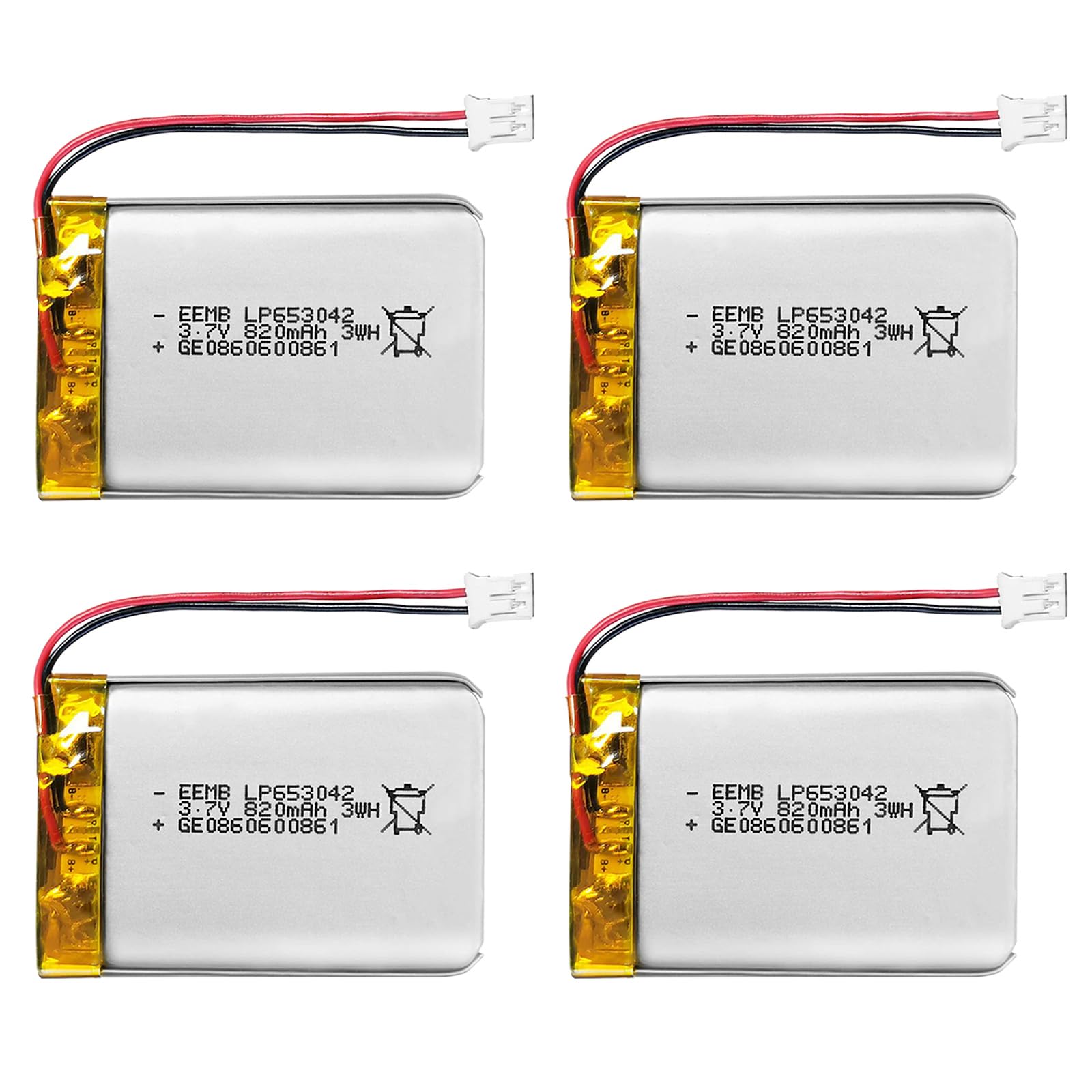 EEMB 4PACK Lithium Polymer Battery 3.7V 820mAh 653042 Lipo Rechargeable Battery Pack with Wire JST Connector for Speaker and Wireless Device- Confirm