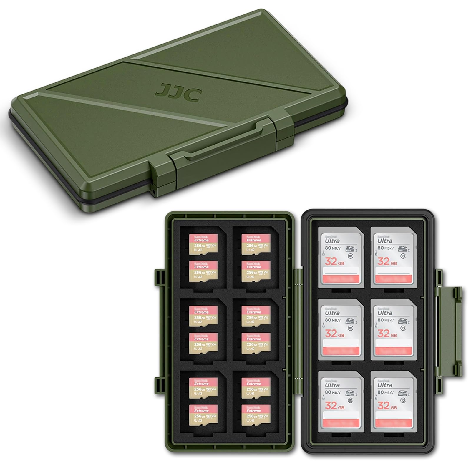 Olive Green 36 Slots Memory Card Case Water-Resistant Anti-Shock Memory Card Wallet for 24 Micro SD SDXC SDHC TF Cards and 12 SD SDXC SDHC Cards