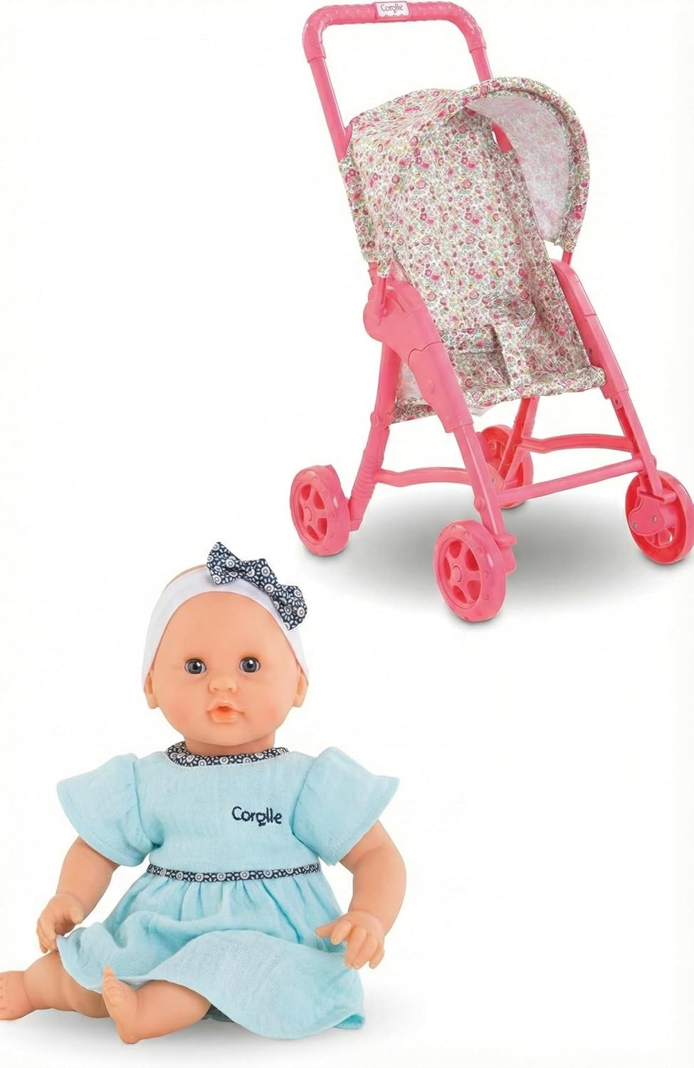 Corolle Bébé Calin Maud 12" Soft Baby Doll with Vanilla Scent + Pink & White Foldable Stroller Set, Sleeping Eyes, Blue Outfit, Lightweight Toy Carriage for Toddlers Ages 18 Months+