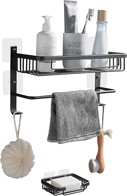 DUFU Shower Organizer No Drilling Storage Bathroom Shelves Organizers Self Adhesive Rustproof Space Aluminum Shower Shelf Wall Mounted with Soap Holder Black