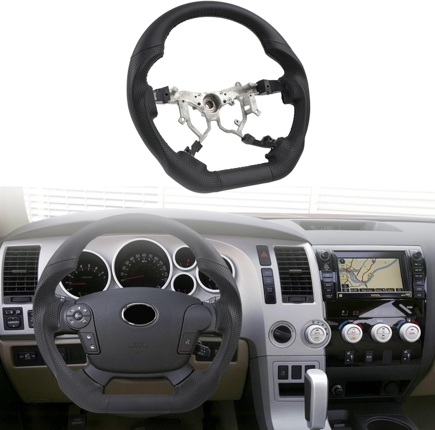 ITrims Steering Wheel Replacement for Toyota Tundra/Sequoia 2007-2013 Steering Wheel Perforated Leather D-Shaped Flat Bottom Car Interior Accessories Black