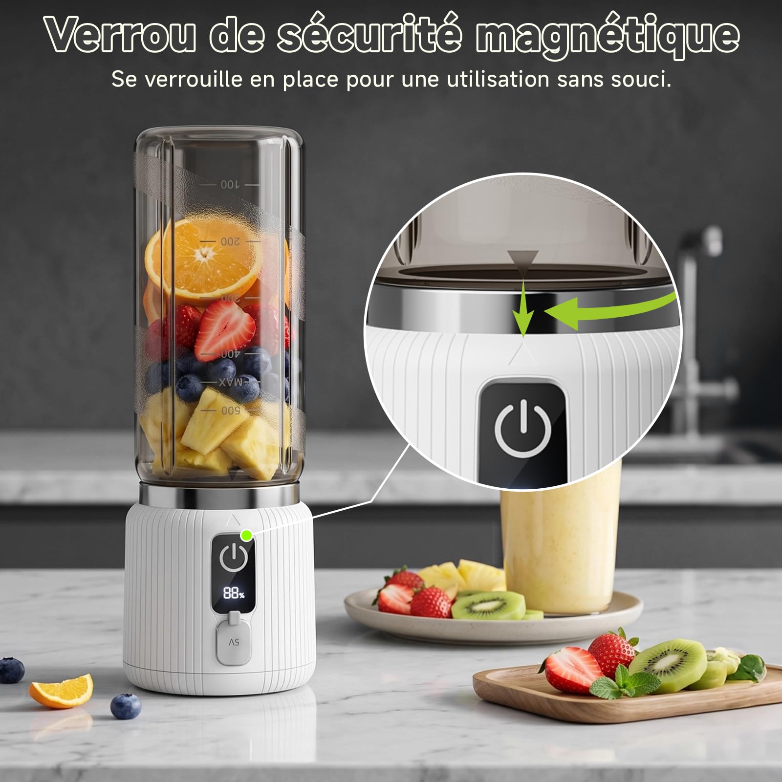 COKUNST Mixeur Portable, Mini mixeur blender avec 8 lames, Rechargeable | smoothie mixer personnel avec affichage LED, mixeur USB-C avec couvercle pour voyage, salle de sport, 22 000RPM, 500ml, Blanc